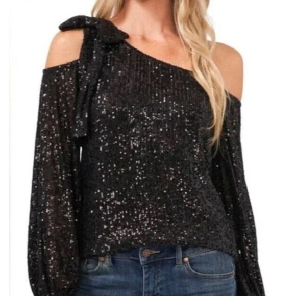 NWT NEW CeCe Rich Black Sequin Long Sleeve Dressy Party Top Size S - Picture 1 of 15